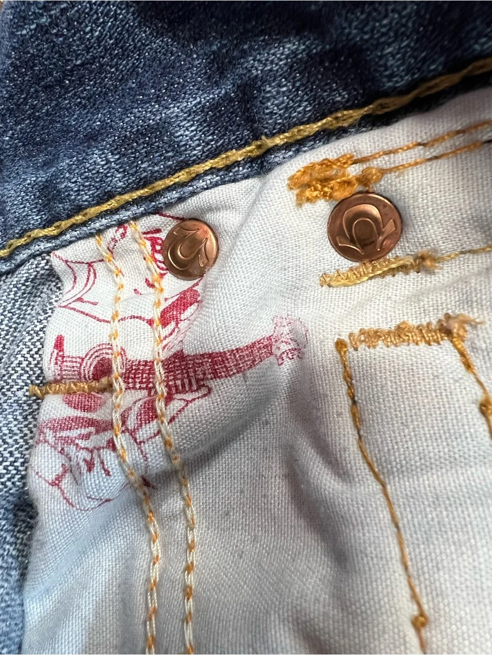 True Religion Dark Blue Denim Jeans with Yellow Contrast Stitching
